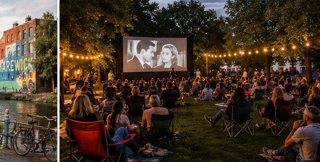 An outdoor movie in a leafy Marewick park at dusk, with people bringing their own chairs.
